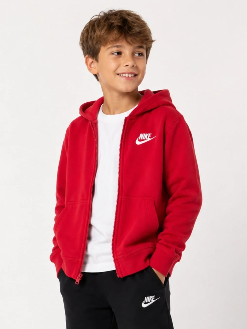 Nike Boys Red Full Zip Fleece Hoodie XS White Swoosh